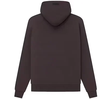 The Fear of God Essentials Hoodie Plum is a drop-shoulder garment made of 80% cotton and 20% polyester mix. This solid color clothing apparel features an oversized fit, a kangaroo front pouch, an attached hood, long sleeves, ribbed cuffs, and a ribbed hem.